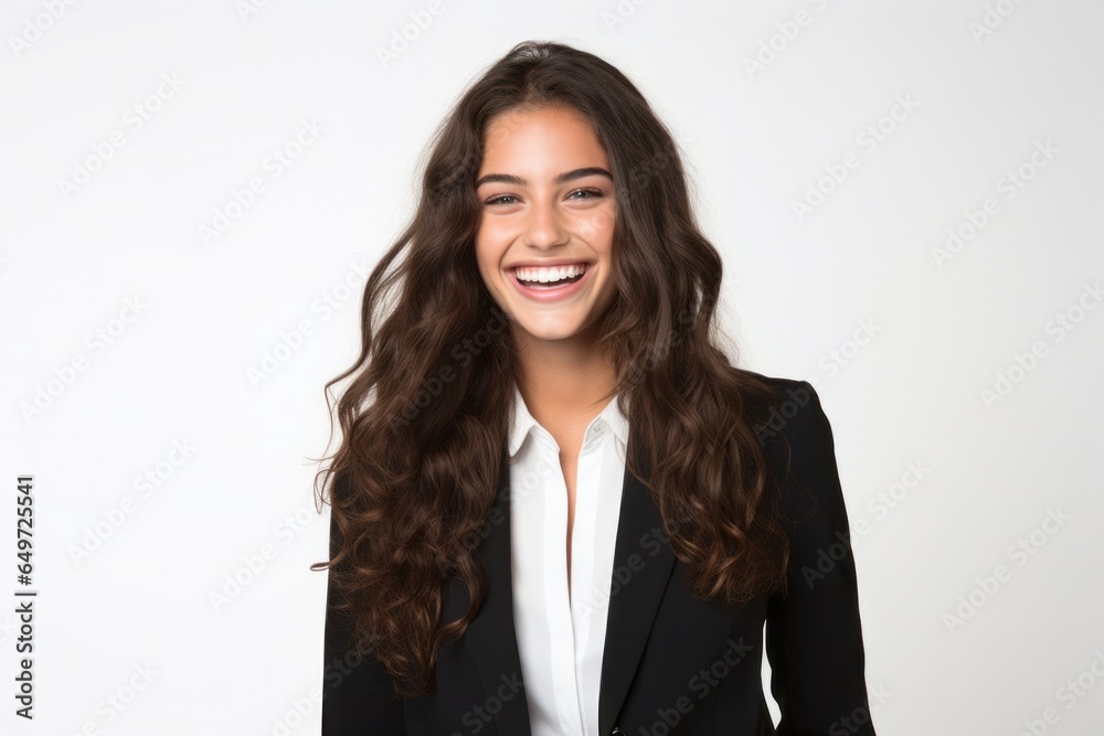 medium shot portrait of a happy Israeli woman in her 20s wearing a sleek suit against a white background medium shot portrait of a happy Israeli woman in her 20s wearing a sleek suit against a white background
