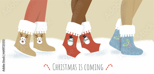 Cute banner, Children's feet in boots, Christmas is coming concept. christmas socks set. Vector