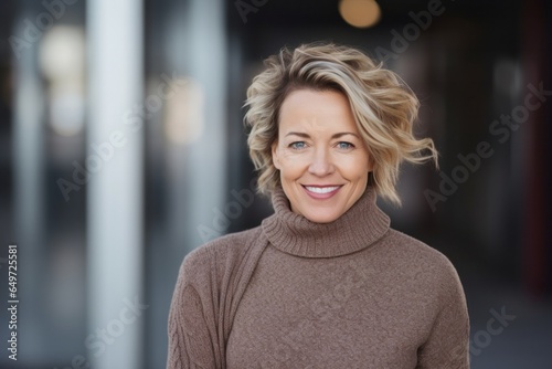 portrait of a happy Polish woman in her 40s wearing a cozy sweater against an abstract background
