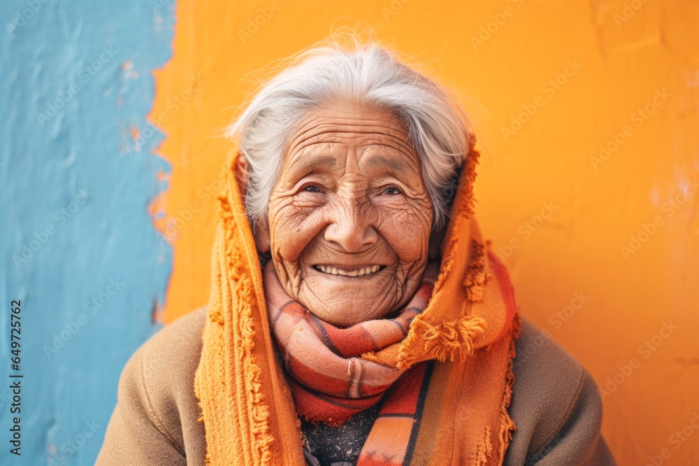 portrait of a happy 100-year-old elderly Mexican woman wearing a warm parka against a pastel or soft colors background
