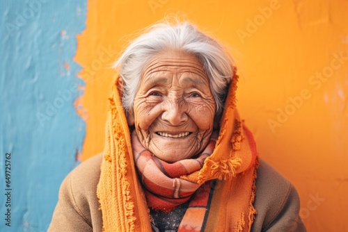 Obraz na płótnie portrait of a happy 100-year-old elderly Mexican woman wearing a warm parka against a pastel or soft colors background w salonie