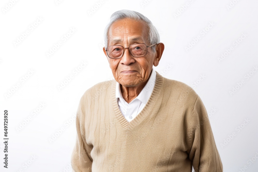portrait of a happy Filipino man in his 90s wearing a chic cardigan against a white background portrait of a happy Filipino man in his 90s wearing a chic cardigan against a white background