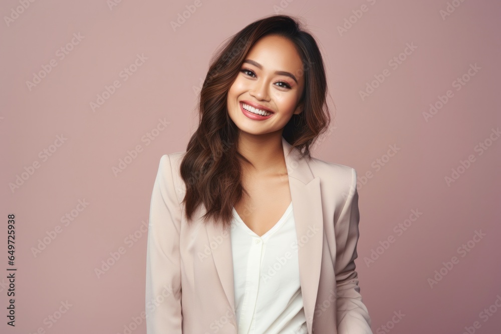 portrait of a happy Filipino woman in her 20s wearing a classic blazer against a pastel or soft colors background portrait of a happy Filipino woman in her 20s wearing a classic blazer against a pastel or soft colors background