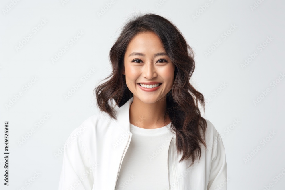 portrait of a happy Filipino woman in her 30s wearing a chic cardigan against a white background portrait of a happy Filipino woman in her 30s wearing a chic cardigan against a white background