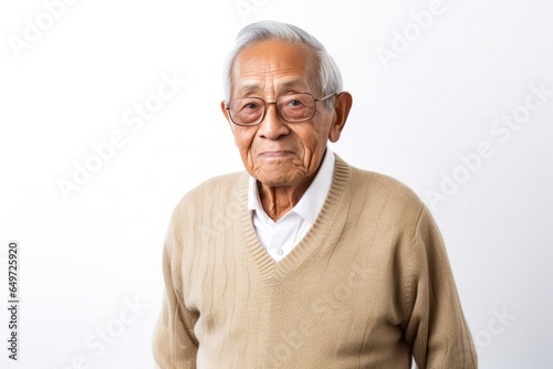 portrait of a happy Filipino man in his 90s wearing a chic cardigan against a white background © Leon Waltz
