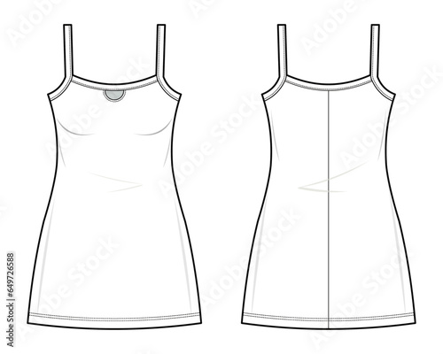 Cami Mini Dress technical fashion illustration. Basic camisole Mini Dress with cute cut-out detailing vector template illustration. front and back view. slim fit. women's. CAD mockup set.
