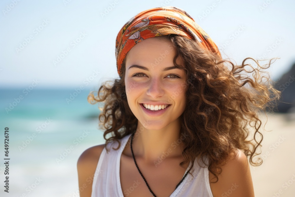 portrait of a happy Israeli woman in her 20s wearing a foulard against a beach background