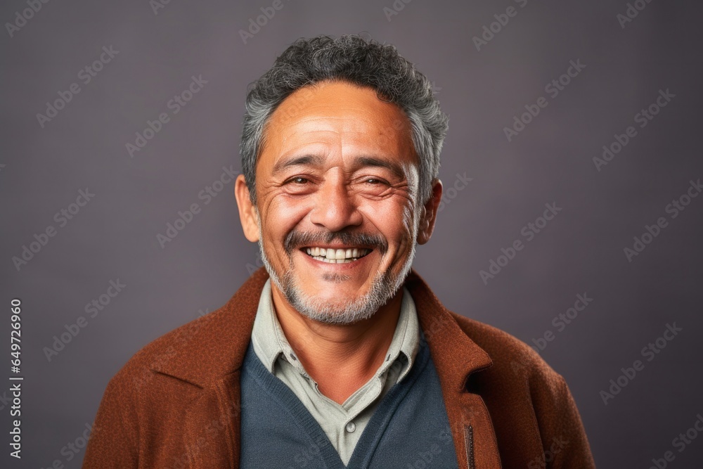 medium shot portrait of a happy Mexican man in his 50s wearing a chic cardigan against an abstract background medium shot portrait of a happy Mexican man in his 50s wearing a chic cardigan against an abstract background