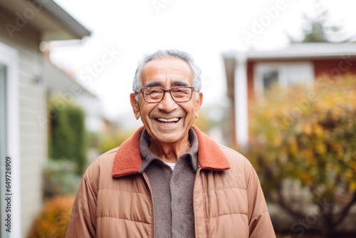 medium shot portrait of a happy Mexican man in his 70s wearing a chic cardigan against a white background