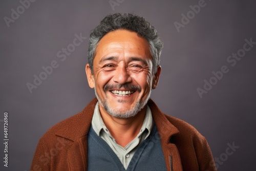 medium shot portrait of a happy Mexican man in his 50s wearing a chic cardigan against an abstract background