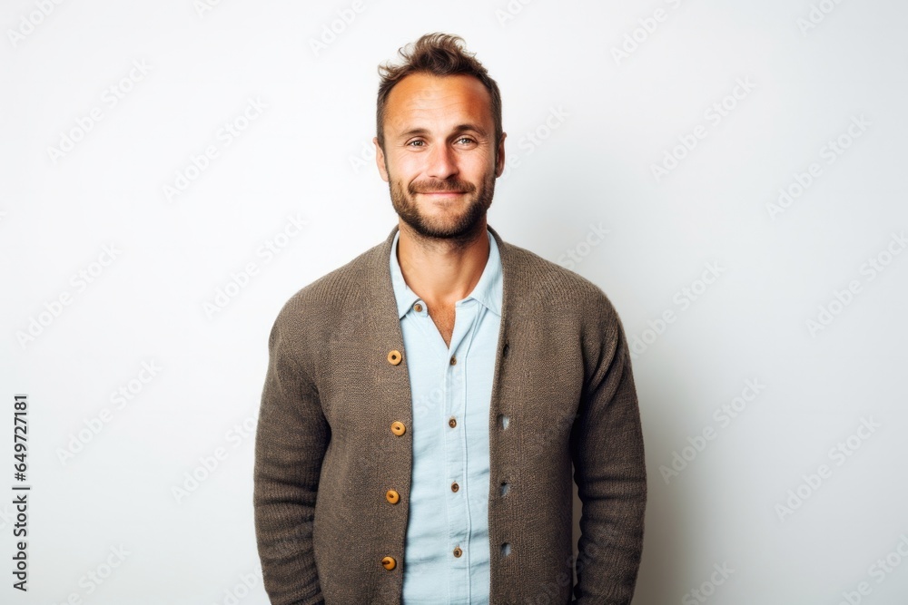 medium shot portrait of a happy Polish man in his 30s wearing a chic cardigan against a white background medium shot portrait of a happy Polish man in his 30s wearing a chic cardigan against a white background