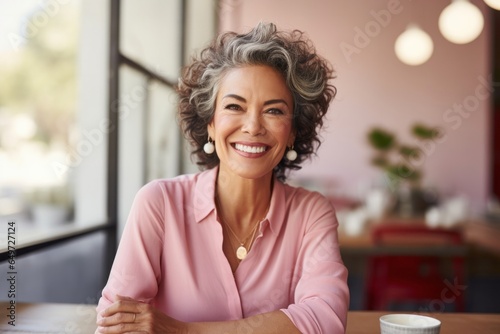 medium shot portrait of a happy Mexican woman in her 60s wearing a chic cardigan against a pastel or soft colors background