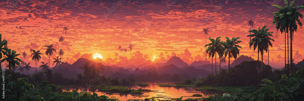 Pixelated sunset in the jungle