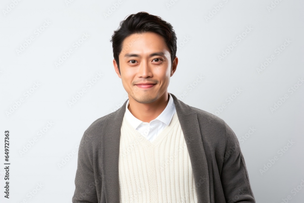 portrait of a happy Japanese man in his 30s wearing a chic cardigan against a white background portrait of a happy Japanese man in his 30s wearing a chic cardigan against a white background