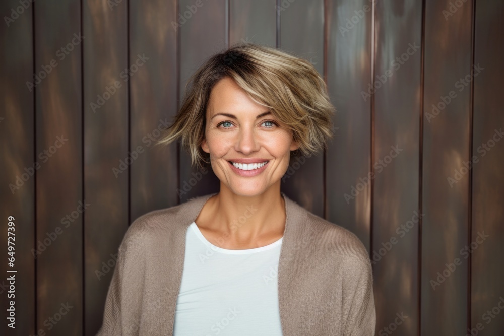 medium shot portrait of a happy Polish woman in her 40s wearing a chic cardigan against an abstract background medium shot portrait of a happy Polish woman in her 40s wearing a chic cardigan against an abstract background