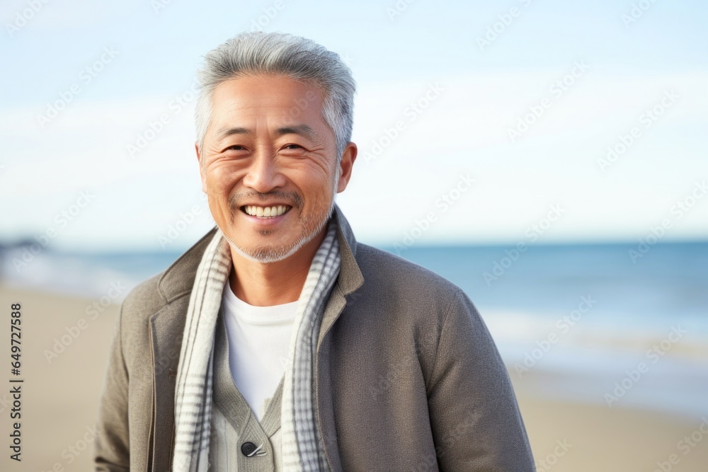portrait of a happy Japanese man in his 50s wearing a chic cardigan against a beach background