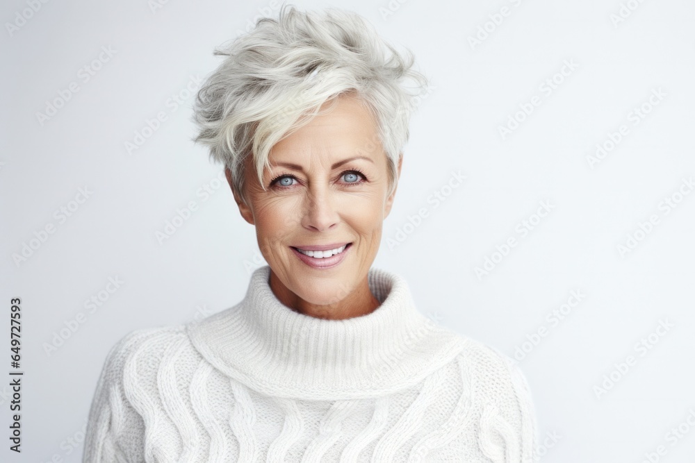 medium shot portrait of a happy Polish woman in her 60s wearing a cozy sweater against a white background