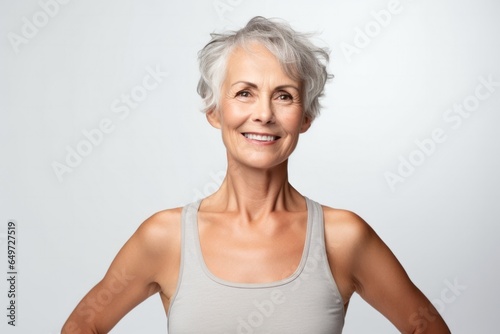 medium shot portrait of a happy Polish woman in her 50s wearing a sporty tank top against a white background