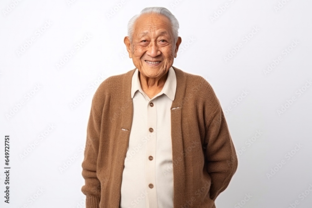 medium shot portrait of a 100-year-old elderly Filipino man wearing a chic cardigan against a white background medium shot portrait of a 100-year-old elderly Filipino man wearing a chic cardigan against a white background