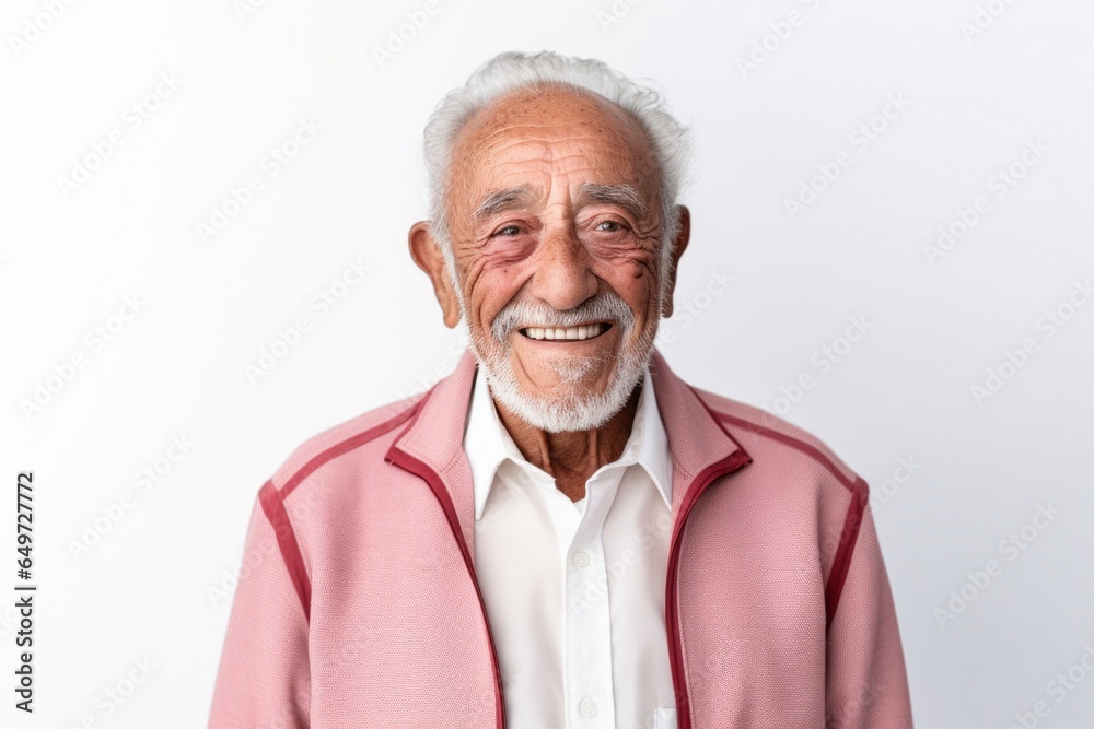 medium shot portrait of a 100-year-old elderly Mexican man wearing a chic cardigan against a white background medium shot portrait of a 100-year-old elderly Mexican man wearing a chic cardigan against a white background