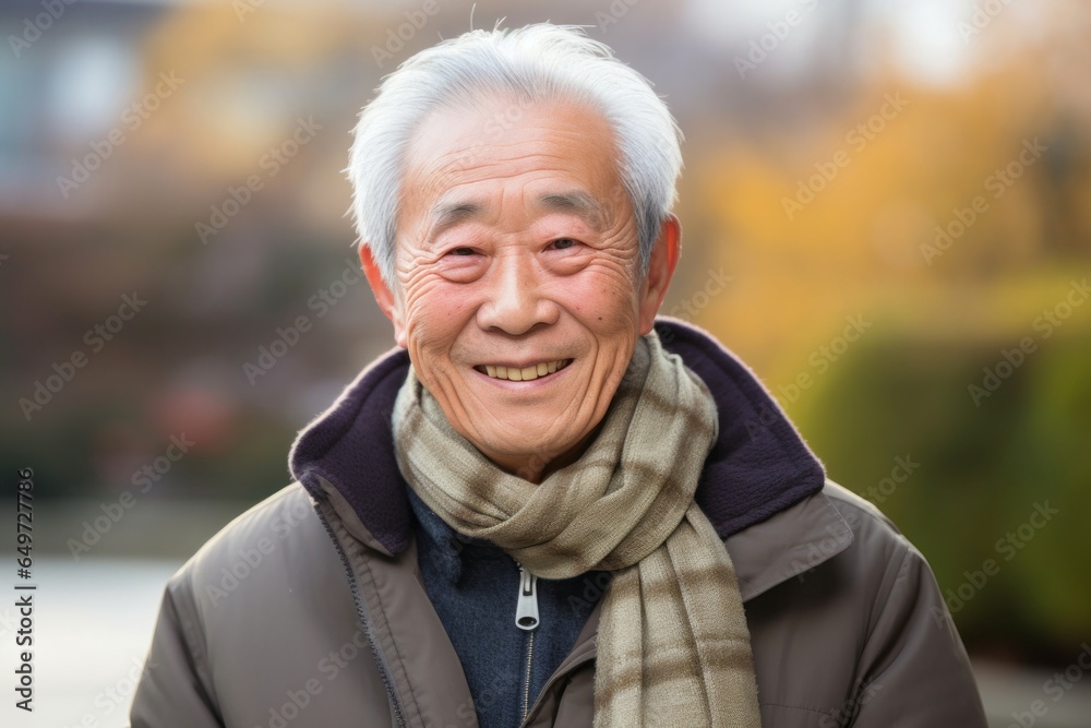 portrait of a happy Japanese man in his 80s wearing a charming scarf against an abstract background