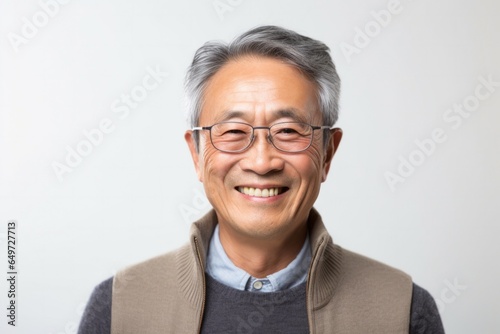 portrait of a happy Japanese man in his 60s wearing a foulard against a white background © Leon Waltz