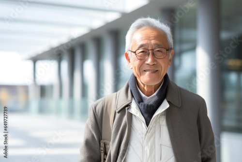 portrait of a happy Japanese man in his 80s wearing a chic cardigan against a modern architectural background