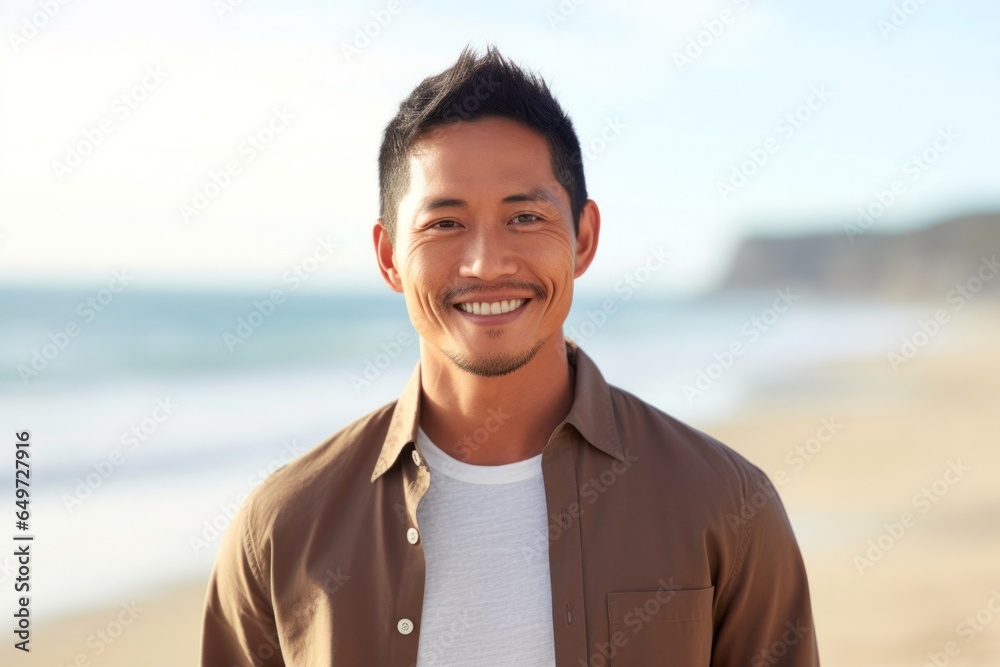 medium shot portrait of a Filipino man in his 30s wearing a chic cardigan against a beach background medium shot portrait of a Filipino man in his 30s wearing a chic cardigan against a beach background