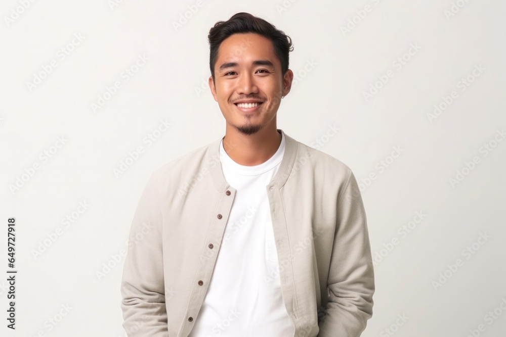 medium shot portrait of a Filipino man in his 20s wearing a chic cardigan against a white background medium shot portrait of a Filipino man in his 20s wearing a chic cardigan against a white background
