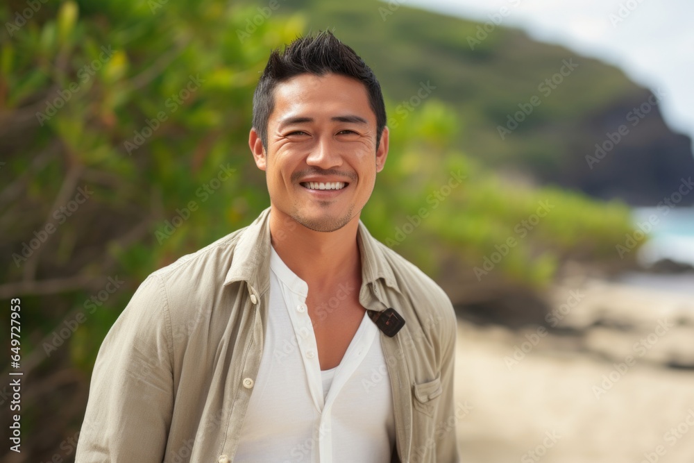 medium shot portrait of a Filipino man in his 30s wearing a chic cardigan against a beach background medium shot portrait of a Filipino man in his 30s wearing a chic cardigan against a beach background
