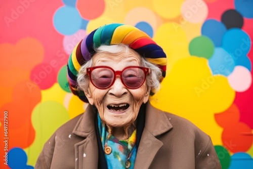 medium shot portrait of a 100-year-old elderly japanese woman wearing a chic cardigan against an abstract background
