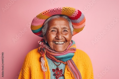 medium shot portrait of a 100-year-old elderly Mexican woman wearing a cozy sweater against a pastel or soft colors background