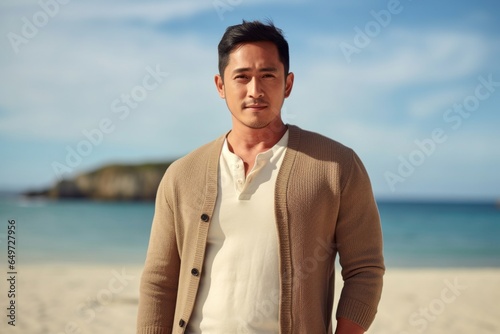 medium shot portrait of a Filipino man in his 30s wearing a chic cardigan against a beach background © Anne-Marie Albrecht