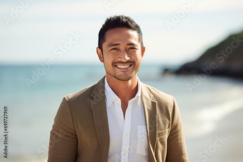 medium shot portrait of a Filipino man in his 30s wearing a chic cardigan against a beach background