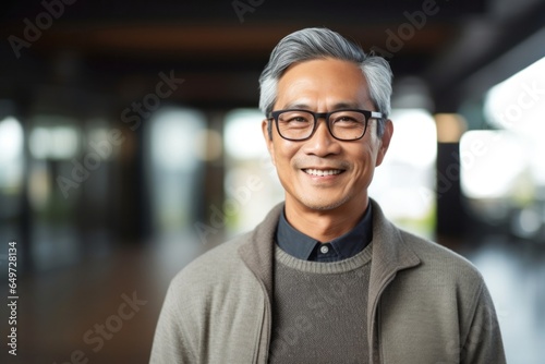 medium shot portrait of a Filipino man in his 50s wearing a chic cardigan against an abstract background