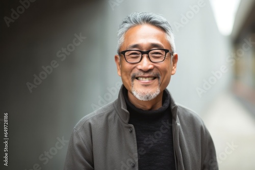 medium shot portrait of a Filipino man in his 60s wearing a chic cardigan against an abstract background