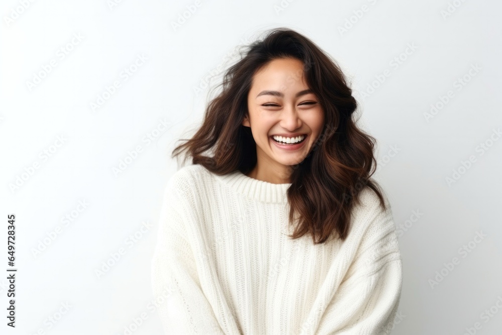 medium shot portrait of a Filipino woman in her 30s wearing a cozy sweater against a white background medium shot portrait of a Filipino woman in her 30s wearing a cozy sweater against a white background
