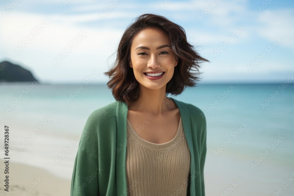medium shot portrait of a Filipino woman in her 30s wearing a chic cardigan against a beach background medium shot portrait of a Filipino woman in her 30s wearing a chic cardigan against a beach background