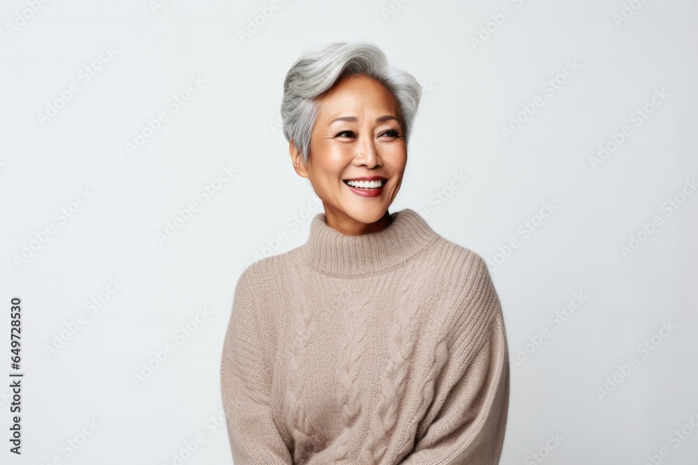 medium shot portrait of a Filipino woman in her 50s wearing a cozy sweater against a white background