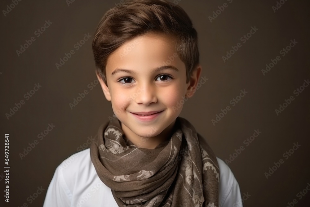 medium shot portrait of a Israeli child male wearing a foulard against a minimalist or empty room background medium shot portrait of a Israeli child male wearing a foulard against a minimalist or empty room background