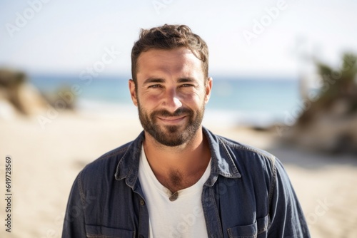 medium shot portrait of a Israeli man in his 30s wearing a chic cardigan against a beach background
