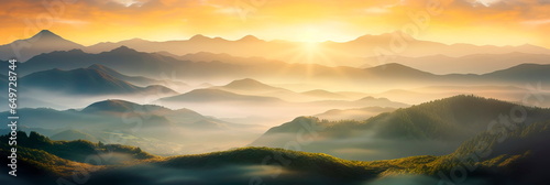 mountain landscape at sunrise, with rolling valleys and the soft glow of the morning sun