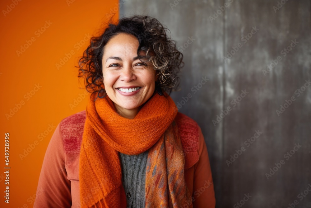 portrait of a happy Mexican woman in her 50s wearing a cozy sweater against an abstract background portrait of a happy Mexican woman in her 50s wearing a cozy sweater against an abstract background