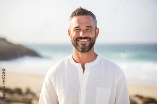 medium shot portrait of a Israeli man in his 40s wearing a simple tunic against a beach background