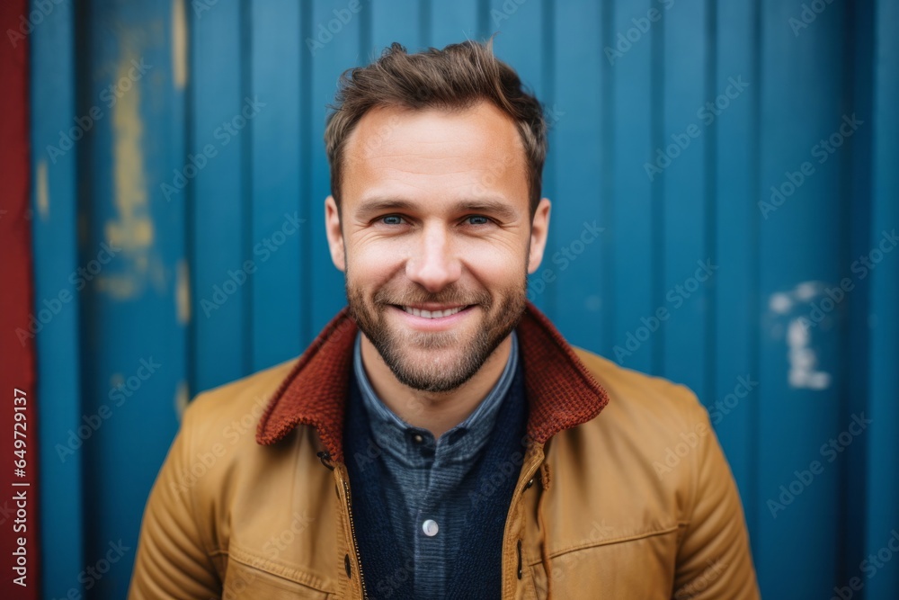Obraz premium portrait of a happy Polish man in his 30s wearing a chic cardigan against an abstract background