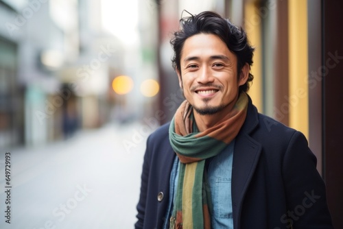 medium shot portrait of a Japanese man in his 30s wearing a foulard against an abstract background