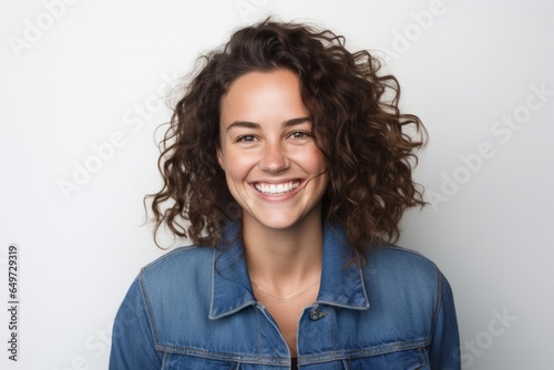 portrait of a happy Polish woman in her 30s wearing a denim jacket against a white background