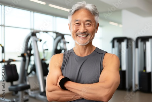 medium shot portrait of a Japanese man in his 50s wearing a sporty tank top against a white background