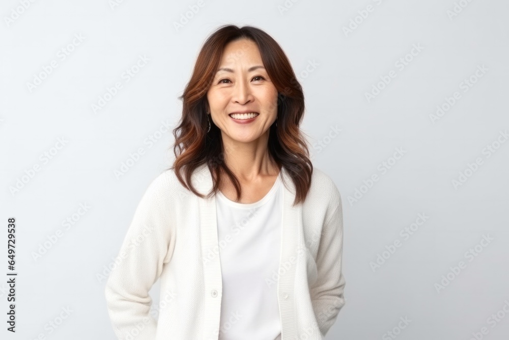 medium shot portrait of a Japanese woman in her 40s wearing a chic cardigan against a white background
