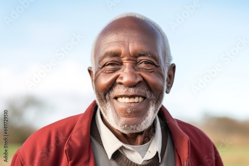 portrait of a 100-year-old elderly Kenyan man wearing a chic cardigan against a white background photo